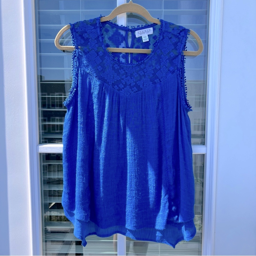 STUDIO PETITE JPR Blue Lace Gauze Tank PXL Layered Hem Boho Coastal - Picture 8 of 17